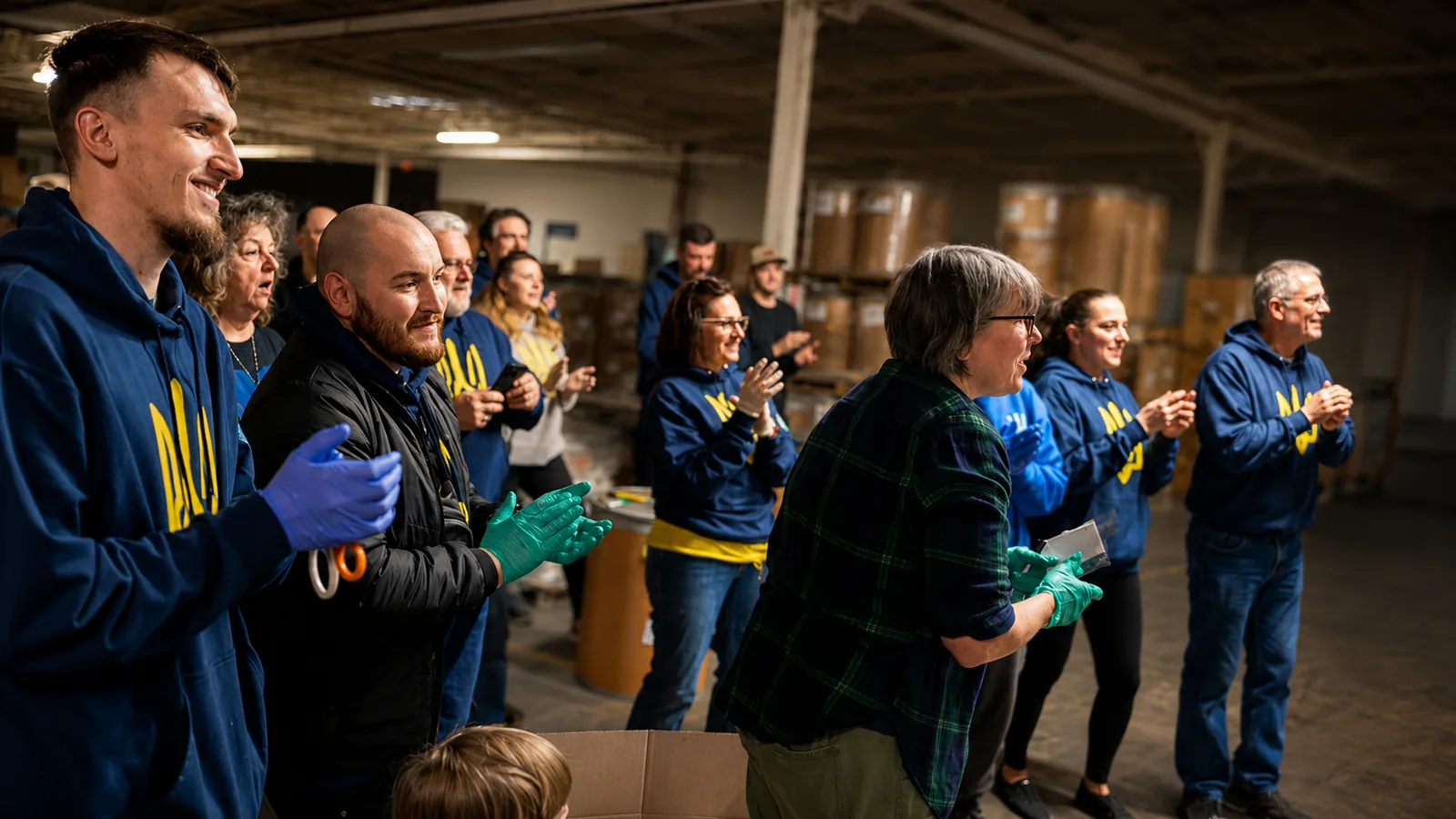 Cleveland Maidan Association volunteers in matching hoodies cheering and clapping together inside a warehouse filled with humanitarian aid supplies